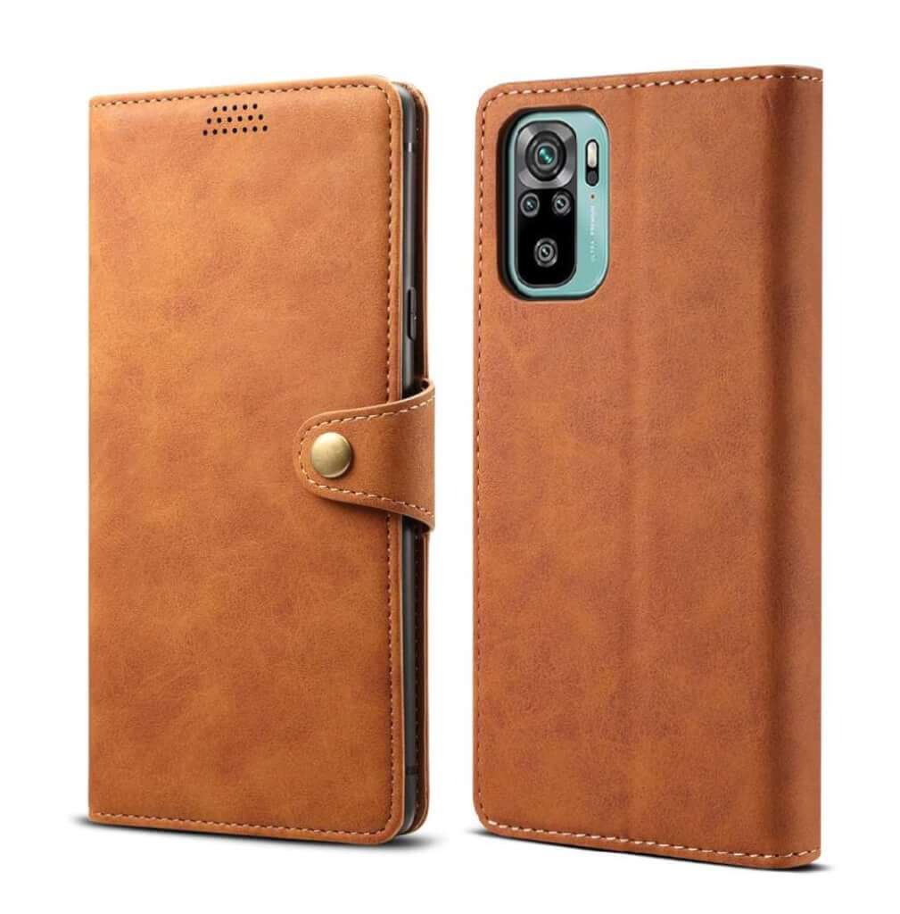 Lenuo Leather flipové pouzdro pro Xiaomi Redmi Note 10, hnědá 